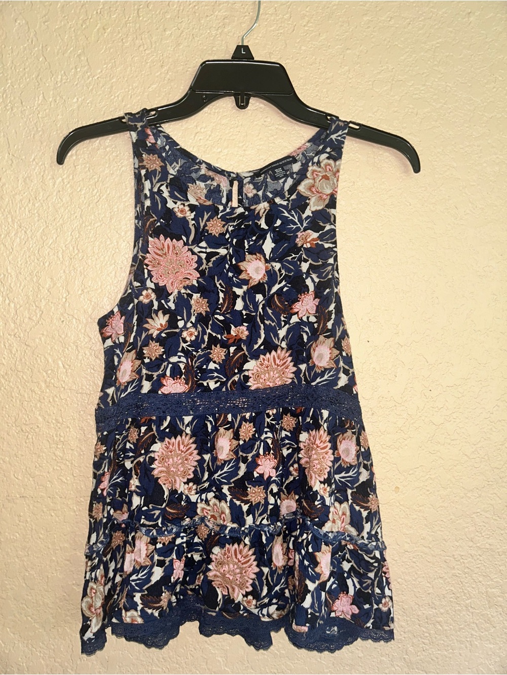 American Eagle Outfitters Navy Floral Lace-Trim Tank Top
